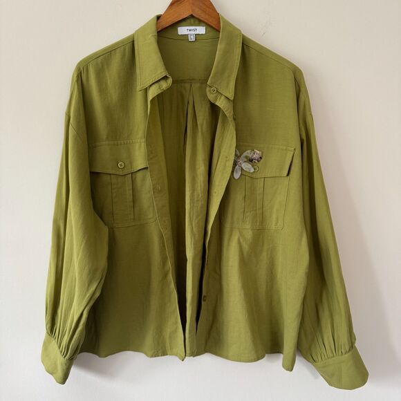 Twist Tops - Twist Floral Lightweight Green Shirt Jacket Shacket Button Up US 8